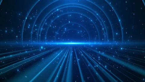 Blue binary data tunnel with glowing number particles, radial light beams Stock Footage 333975704