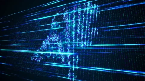 Blue Binary Digital Mosaic Grid Map Of Netherlands Perspective Light Streaks Video stock 239067939