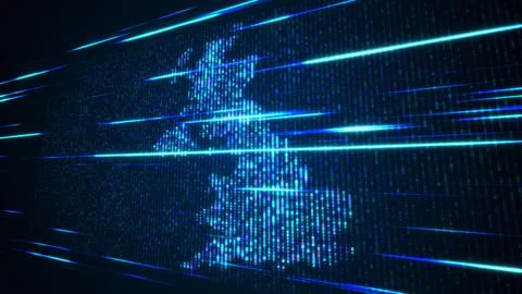Blue Binary Digital Mosaic Grid Map Of United Kingdom Perspective Light Streaks Stock Illustration