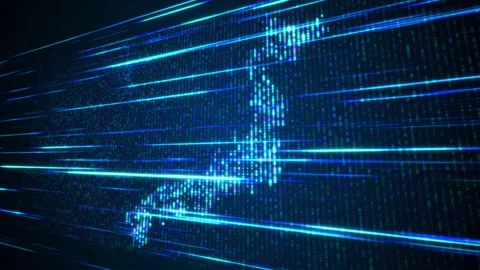 Blue Binary Digital Number Mosaic Grid Map Of Japan Perspective Light Streaks Video stock 238960035