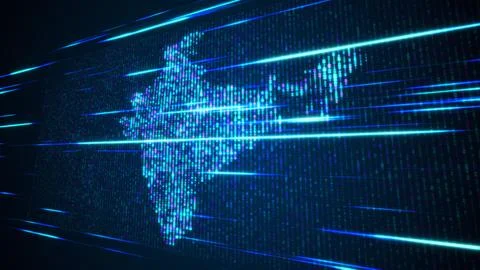 Blue Binary Digital Number Mosaic Grid Map Of India Perspective Light Streaks 스톡 일러스트