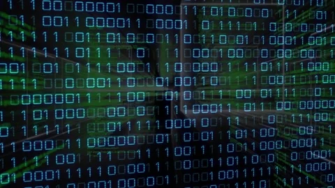 Blue binary digits appearing across screen while green pulses sweeping grid Stock Footage 317369236