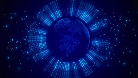 Blue binary globe background glowing world sphere, floating zero one numbers Stock Footage 333861232