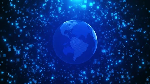 Blue binary globe digital background floating numbers, squares, global atmospher Stock Footage 340409638