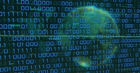 Blue binary grid filling view while green glitch flashing causing globe rising Stock Footage 329550657