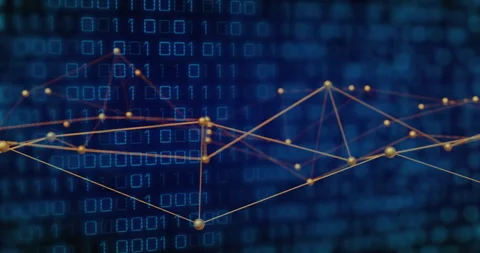 Blue binary grid sparking golden nodes and lines expanding into rising Stock Footage 310669109