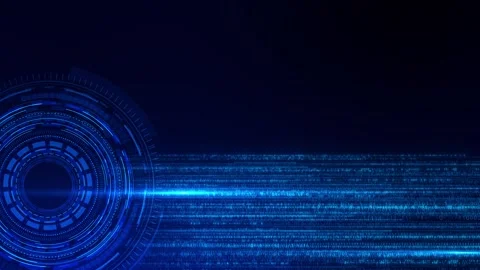 Blue binary HUD background circular interface rings, bright horizontal data stre Stock Footage 340399592
