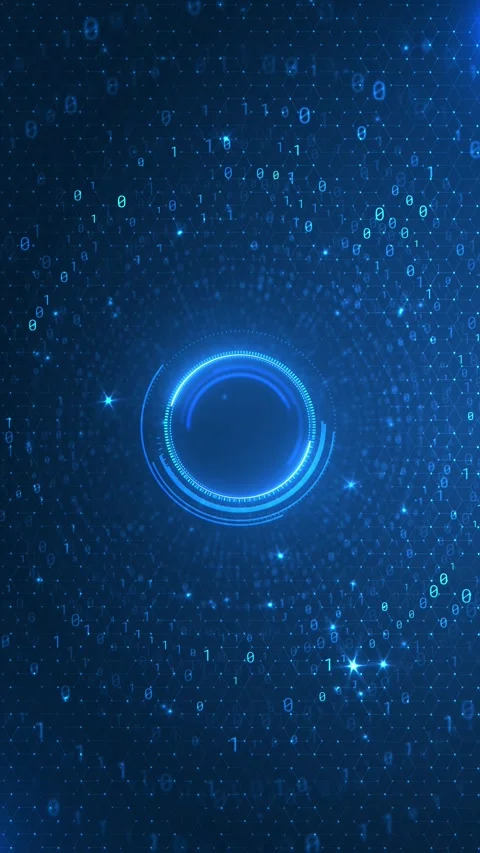 Blue binary HUD portal glowing circular interface, hexagon grid, falling code nu Stock Footage 340577142