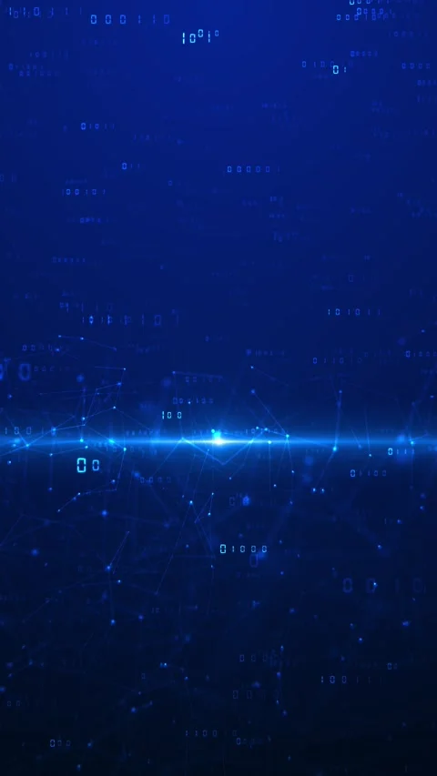 Blue binary network code background with falling digits, glowing nodes, and cent Stock Footage 340550622