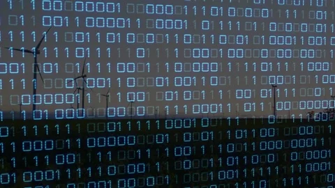 Blue binary overlay scrolling and flickering on data pulse, overlaying turbines Stock Footage 332285898
