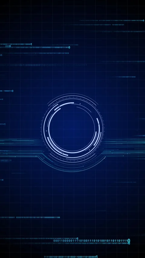 Blue binary scanner display with circular HUD rings, code fragments, grid Stock Footage 333860729