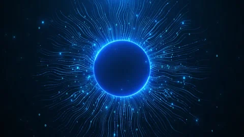 Blue binary sphere data background glowing circular core, flowing code lines, da Stock Footage 340410474