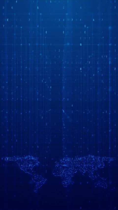 Blue binary world map background with glowing digital continents, falling code n Stock Footage 340554142