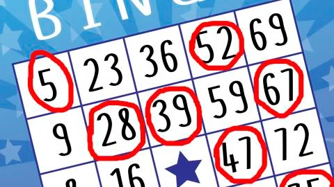 Blue bingo ticket with pointed numbers and stars Stock Illustration