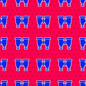 Blue Binoculars icon isolated seamless pattern on red background. Find software Stock Illustration