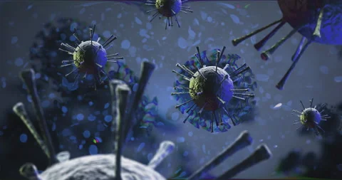Blue biohazard Covid pathogen viruses nucleus floating blood cells animation Stock Footage 154820027