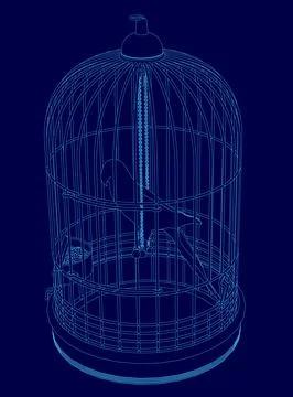 Blue bird cage with a bird inside. The cage is made of wire and has a blue color Stock Illustration