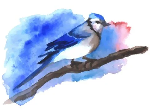Blue bird painted with watercolors on the branch Stock Illustration