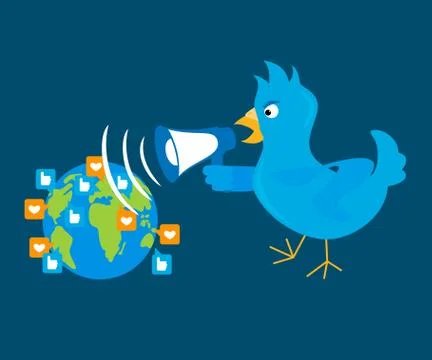 Blue bird is shouting through a megaphone on the planet Stock-Illustration