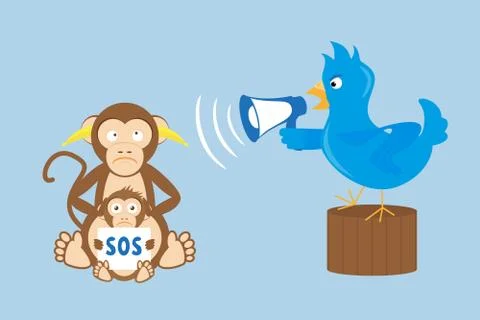 Blue bird is shouting through a megaphone on monkeys Stock Illustration