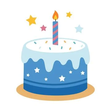 Blue Birthday Cake with Candle Flat Vector Illustration Stock Illustration