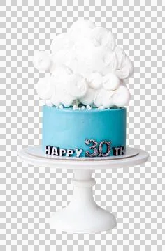 Blue birthday cake with white clouds for 30th anniversary on neutral backgrou Stock Photos