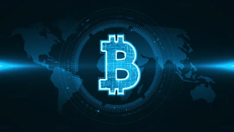 Blue bit coins icon with head up display technology interface and futuristic Stock Footage 148060667