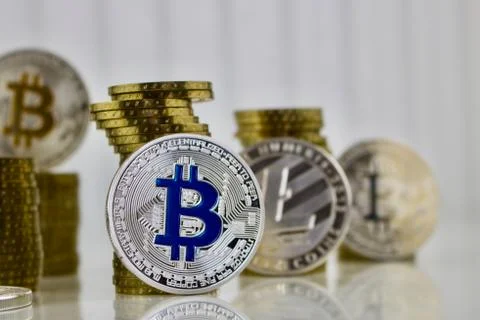 Blue bitcoin coin Stock Photos
