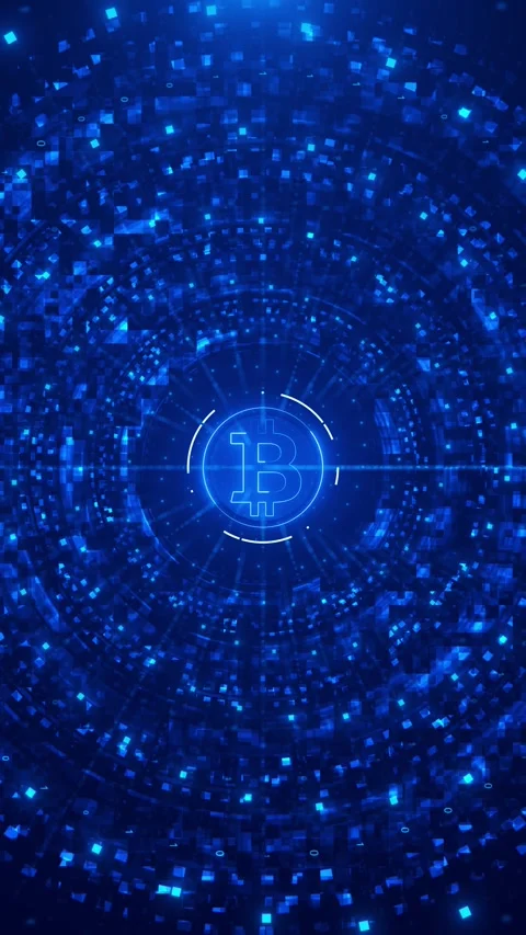 Blue Bitcoin crypto data tunnel glowing coin , circular HUD rings, binary digits Stock Footage 340557369
