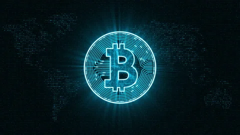 Blue bitcoin icon cryptocurrency concept on earth maps abstract background Stock Footage 148490558