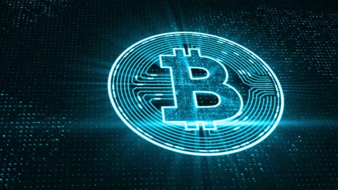 Blue bitcoin icon cryptocurrency concept on earth maps abstract background Stock Footage 149044554