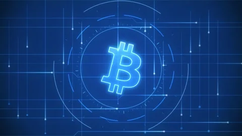 Blue bitcoin logo printed circuit grid bus data pulses fintech technology lo 스톡 동영상 343253840