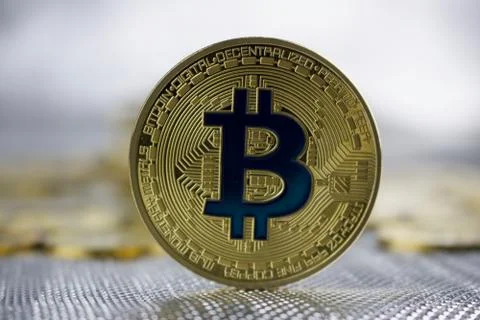 Blue bitcoin sign Stock Photos