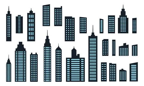 Blue Black Silhouette Elements Set of Skyscraper Tower Building in City Town Stock Illustration