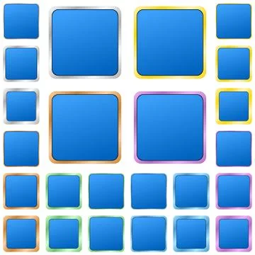 Blue blank square metal button set Stock Illustration