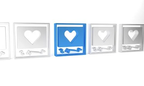 Blue Blanks photo frames and hearts icon isolated on white background. Vale.. Ilustração Stock