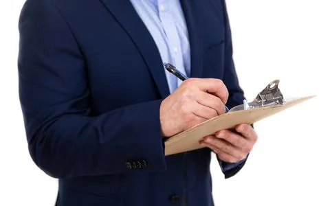 Blue Blazer and Clipboard on White Background Stock Photos