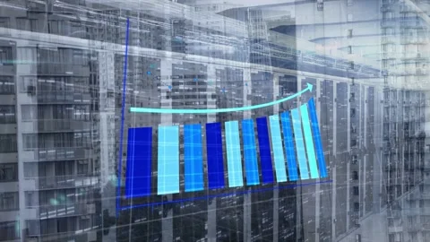 Blue block appearing, starting translucent 3D bar chart rising over urban Stock Footage 332566454