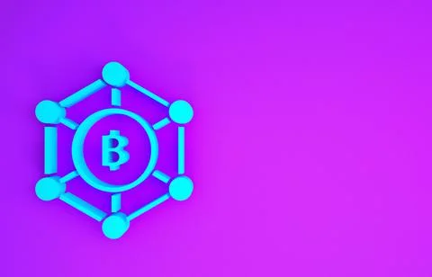 Blue Blockchain technology Bitcoin icon isolated on purple background. Abstra イラスト素材