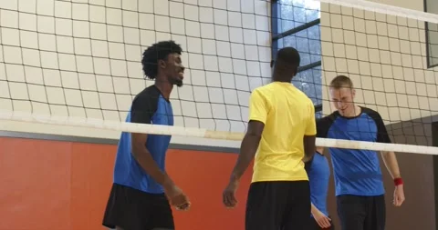 Blue blocker blocking, shaking hands with yellow team at gym net after point Stock Footage 345034929