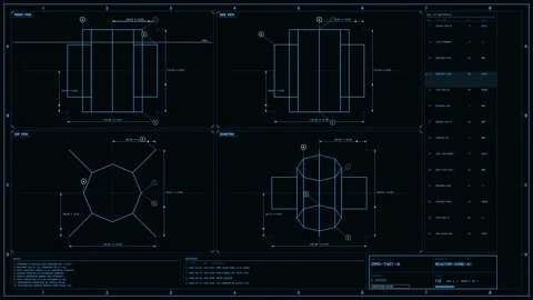 Blue blueprint HUD interface displaying technical reactor core assembly dra.. Stock Footage 334102500