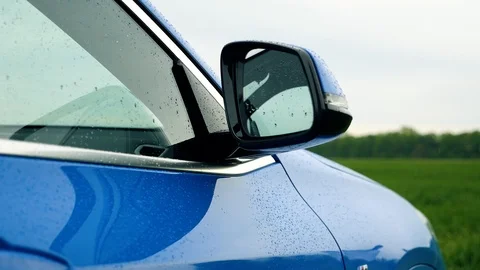 Blue BMW x2 2018 external mirror, logo on Green field 08.10.2108 Lviv Ukraine Stock Footage 96151512