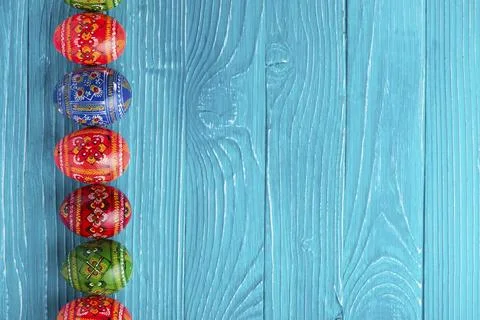 Blue boards with painted eggs easter day Stock Photos