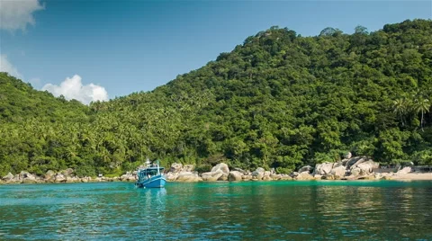 Blue boat in the bay Stock Footage 63128207