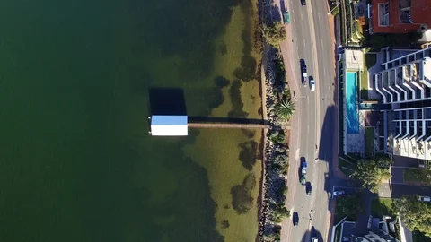 Blue boat house, Crawley - Perth Australia aerial footage Stock Footage 107698461