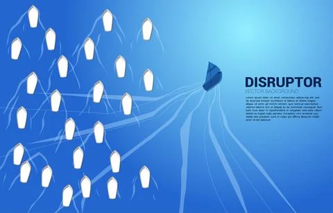 Blue boat move to difference direction from group of white. Business Concept  Stock Illustration