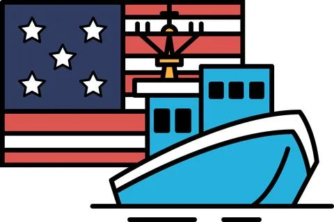 A blue boat is next to a red, white, and blue American flag Stock Illustration