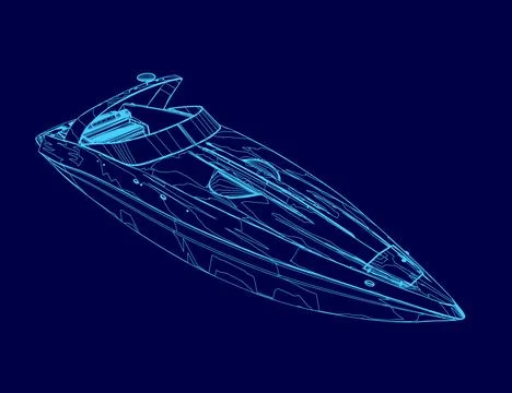 Blue boat is shown in a blue background. The boat is a small speed boat Stock Illustration