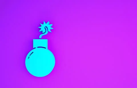 Blue Bomb ready to explode icon isolated on purple background. Minimalism con 库存插图