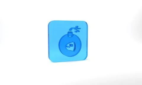 Blue Bomb ready to explode icon isolated on grey background. Glass square button Stock Illustration